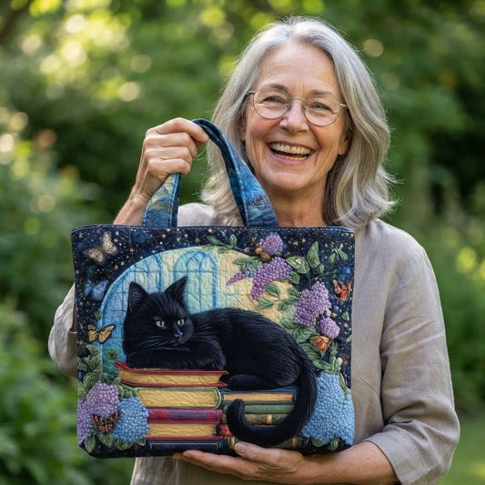 Midnight | Black Cat on Books Quilted Tote