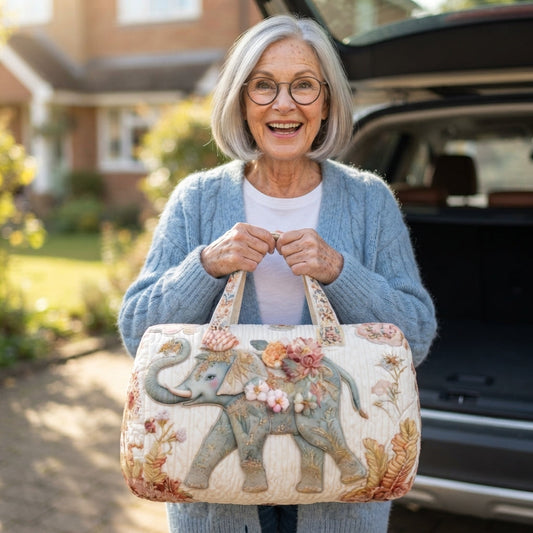 Ivory | Elephant & Blossoms Quilted Duffle