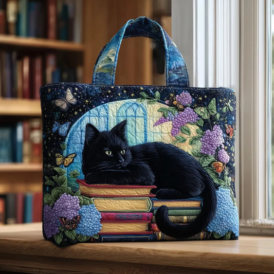 Midnight | Black Cat on Books Quilted Tote