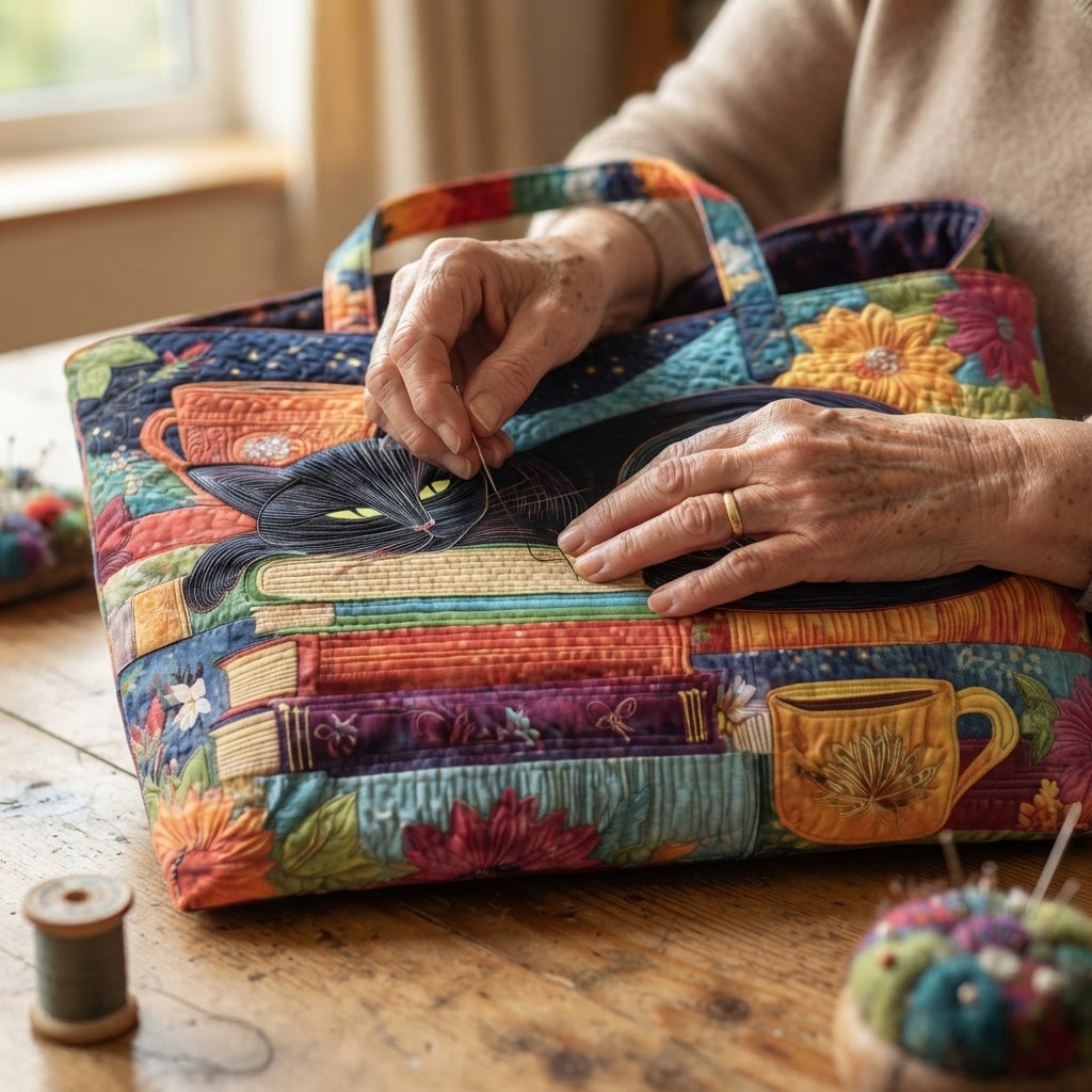 Artisan | Black Cat with Books & Cups Quilted Tote