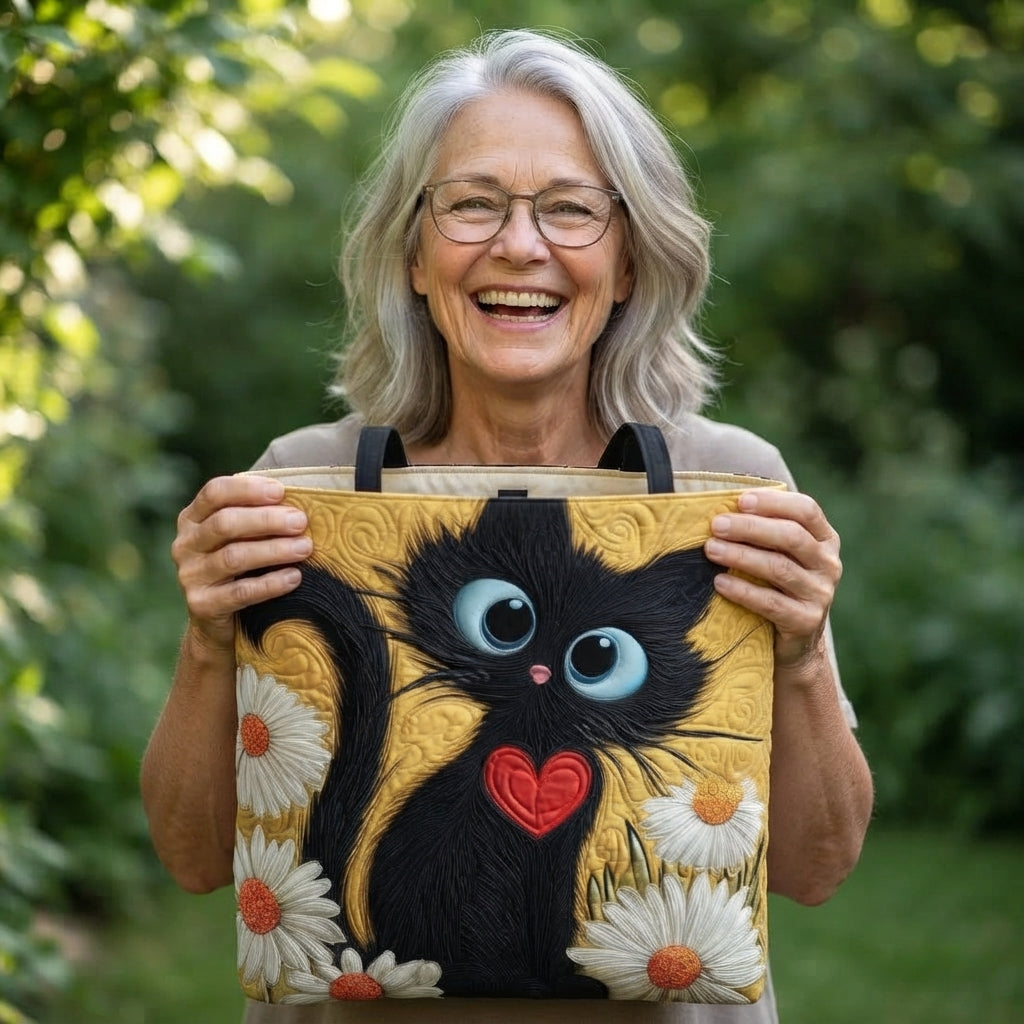 Maisie | Black Cat with Heart Quilted Tote