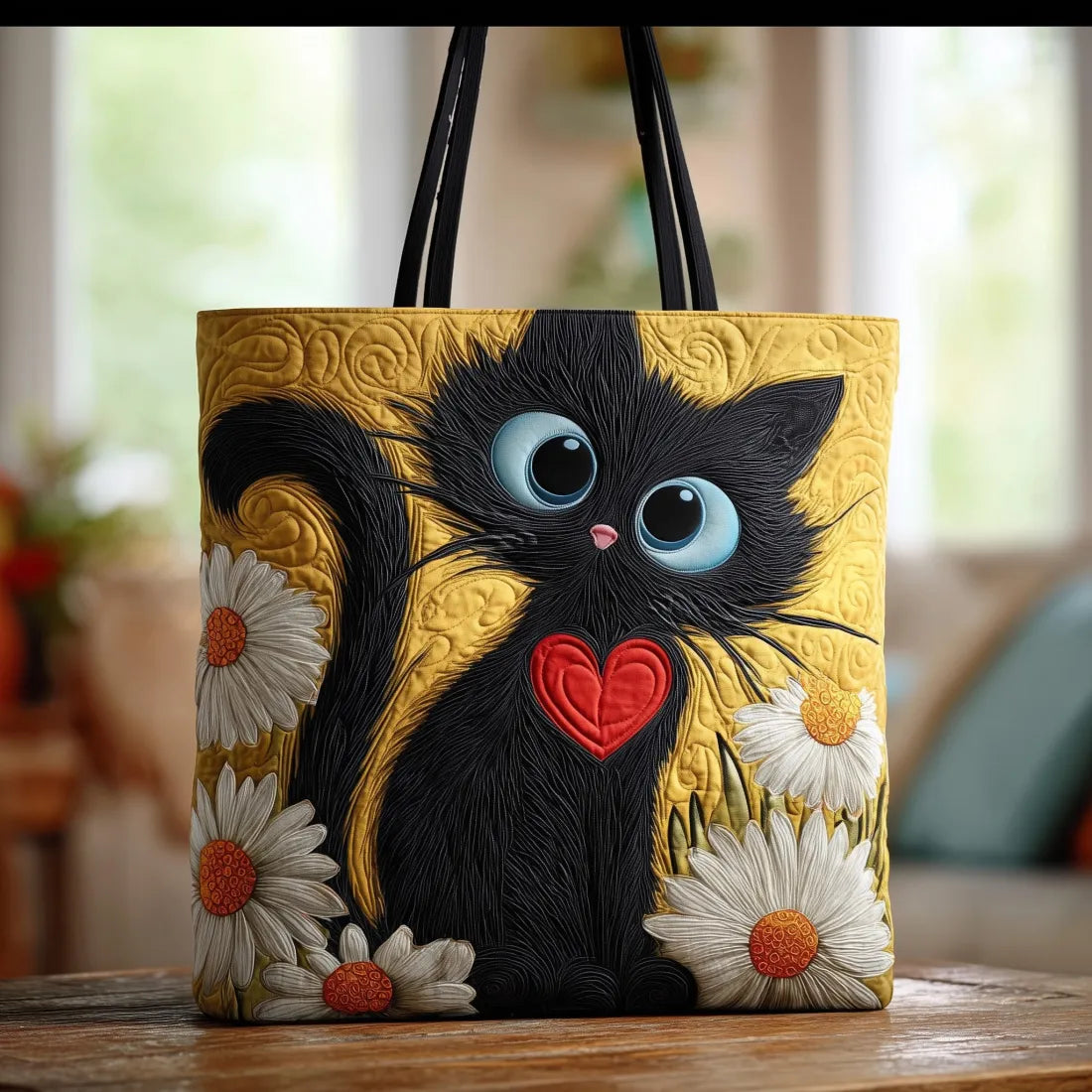 Maisie | Black Cat with Heart Quilted Tote