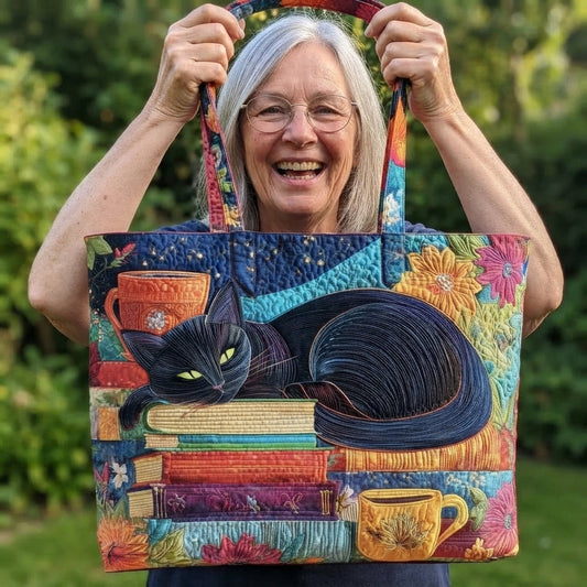Artisan | Black Cat with Books & Cups Quilted Tote