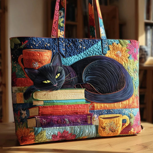 Artisan | Black Cat with Books & Cups Quilted Tote