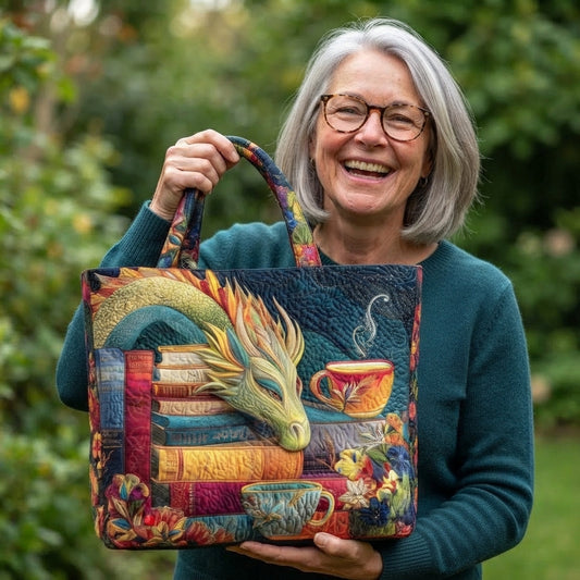 Hollis | Book Dragon & Tea Quilted Tote