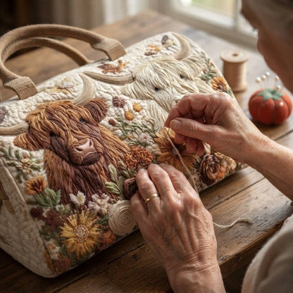 Heather | Two Highland Cows Quilted Duffle