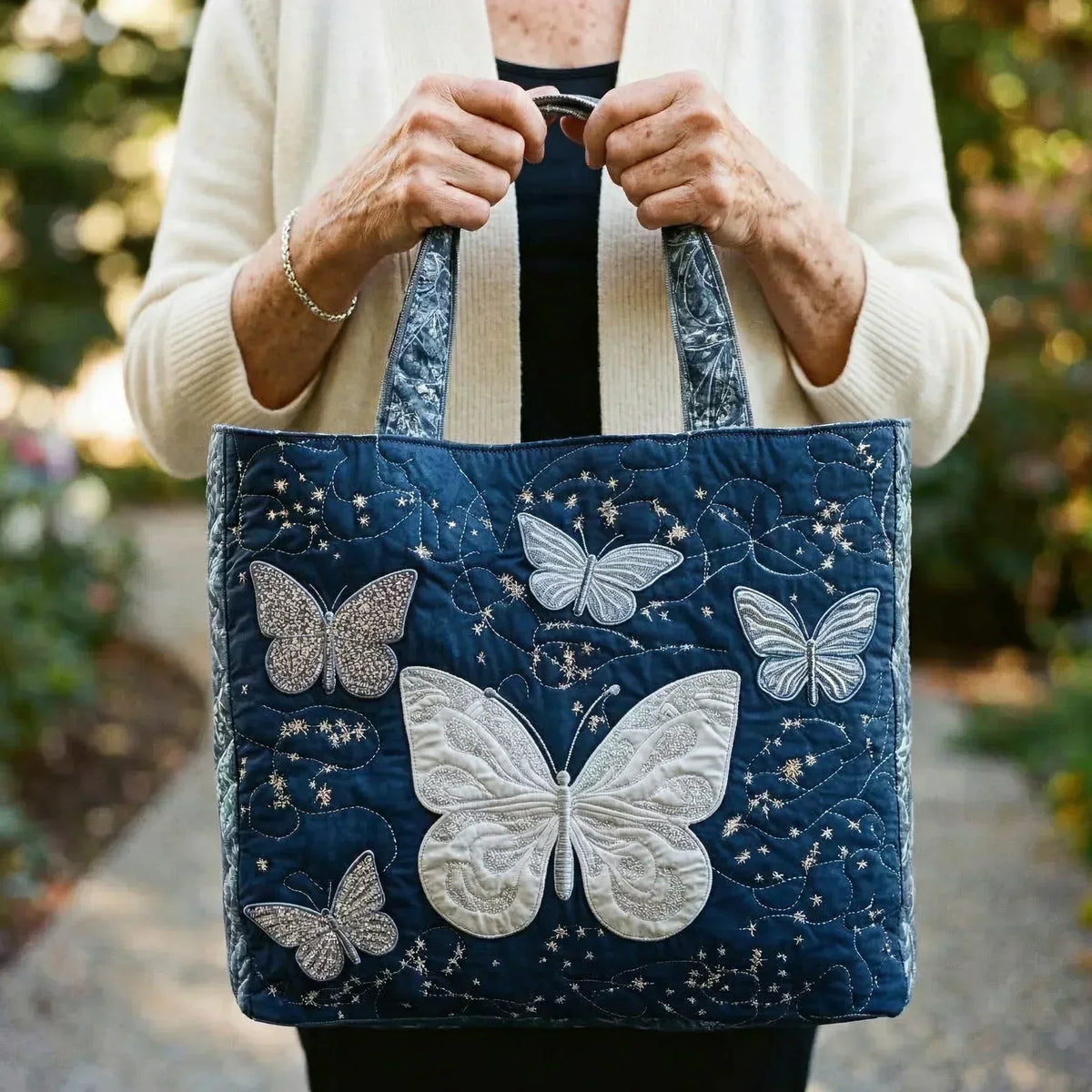 Reagan | Silver Butterflies Quilted Tote