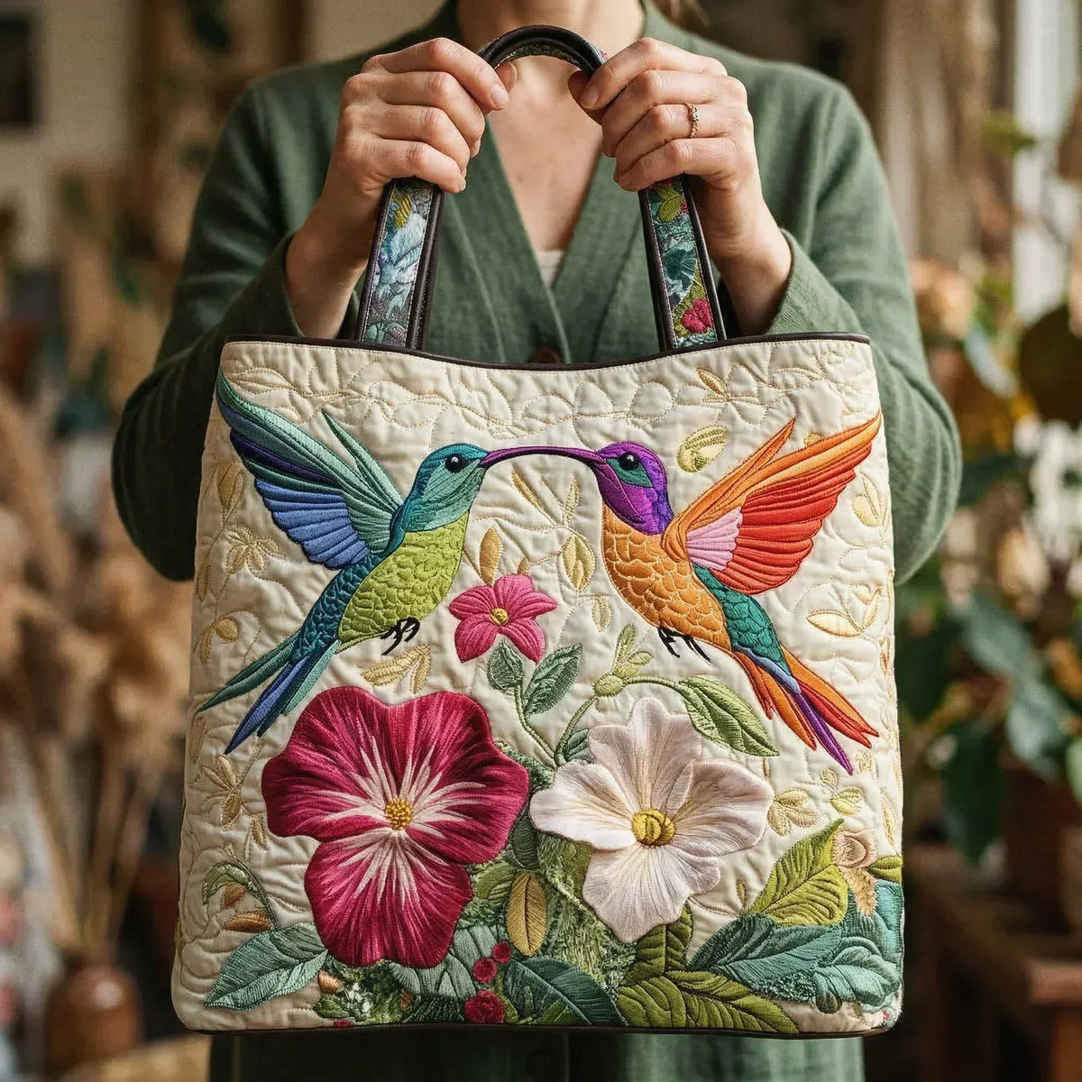 Nadia | Two Hummingbirds Quilted Tote